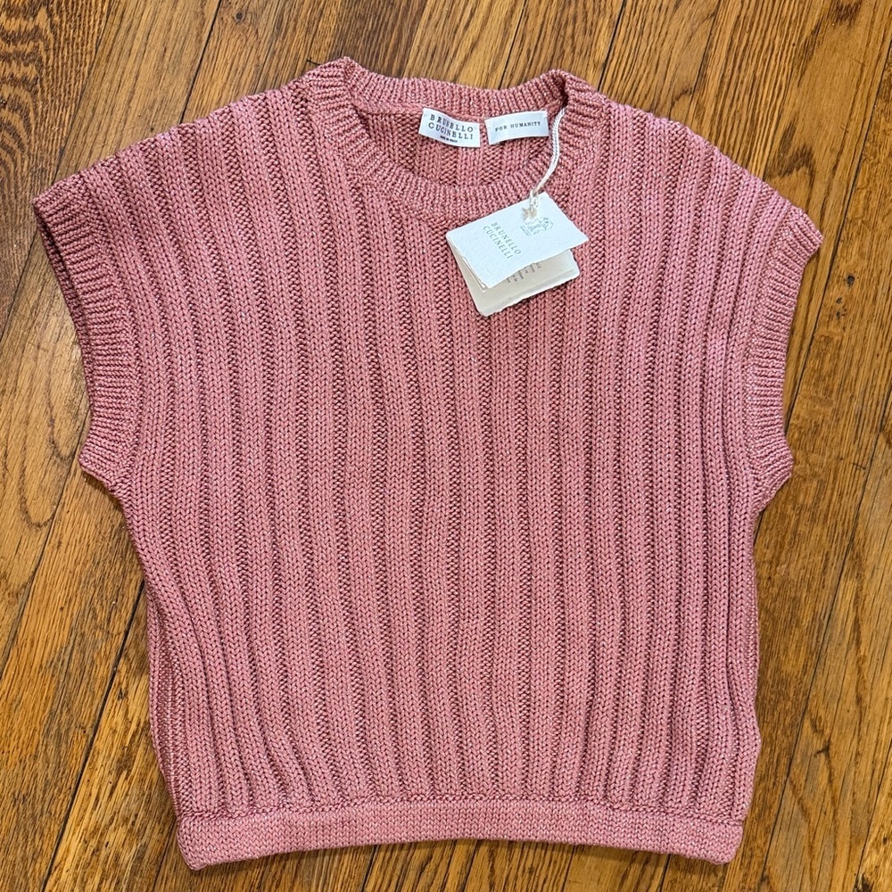 Brunello Cucinelli Girls Dusty Rose Ribbed Short-Sleeve Crewneck Sweater